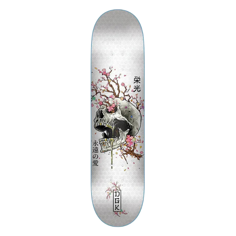 Skateboard deck with cherry blossom design and text on a white background