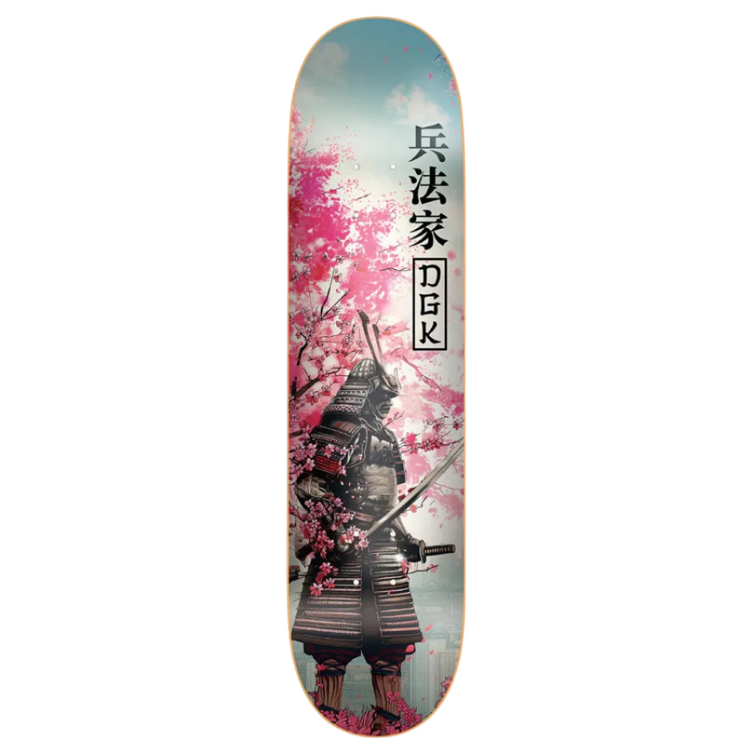 Skateboard deck with a samurai design and cherry blossoms on a light blue background