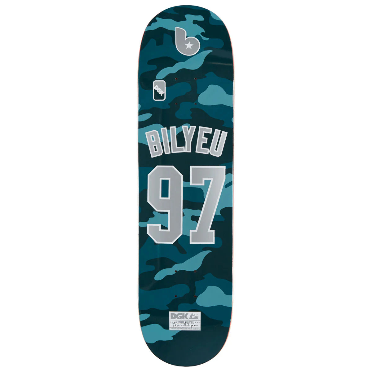 Camouflage-patterned skateboard deck with 'Bilyeu 97' branding on a white background