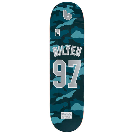Camouflage-patterned skateboard deck with 'Bilyeu 97' branding on a white background