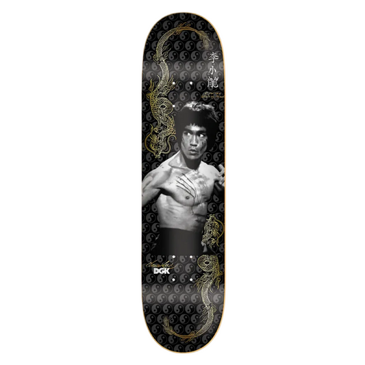 Skateboard deck with a graphic design of a person on a white background