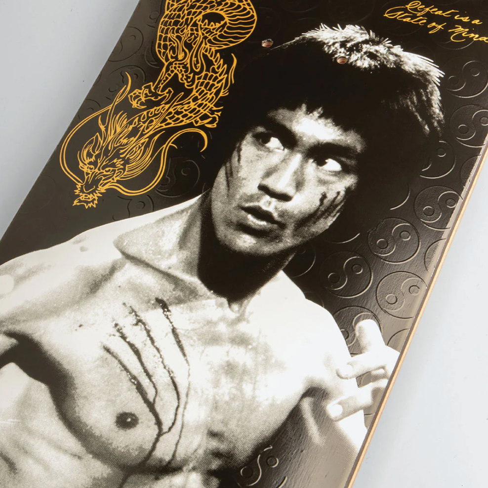 Vintage-style portrait of a martial artist with a gold dragon design on a black background