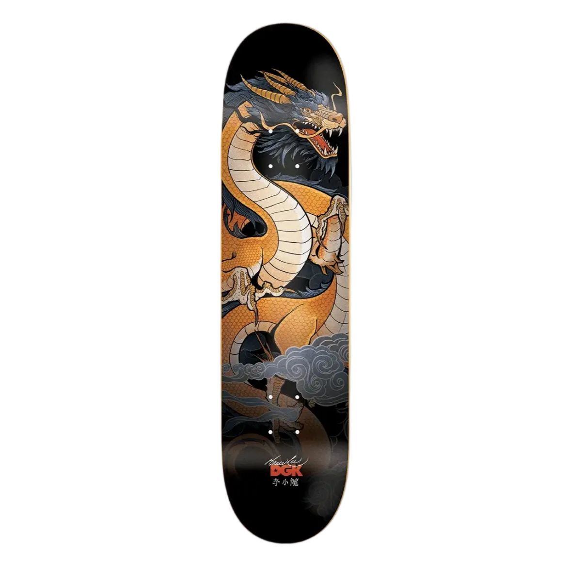 Skateboard deck with a dragon design on a white background
