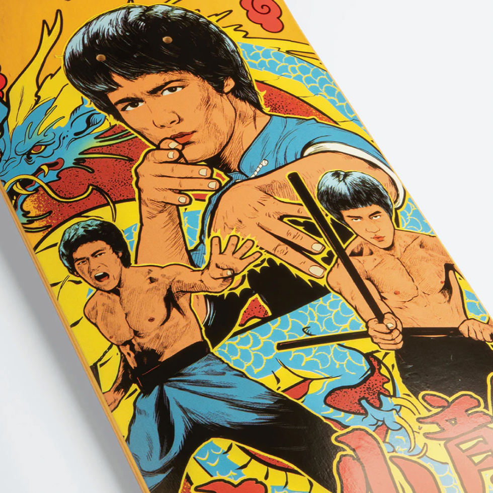 Comic book-style illustration of a character with martial arts poses on a skateboard deck.