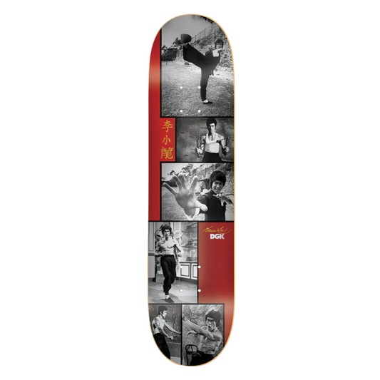 Skateboard deck with a collage of images on a white background