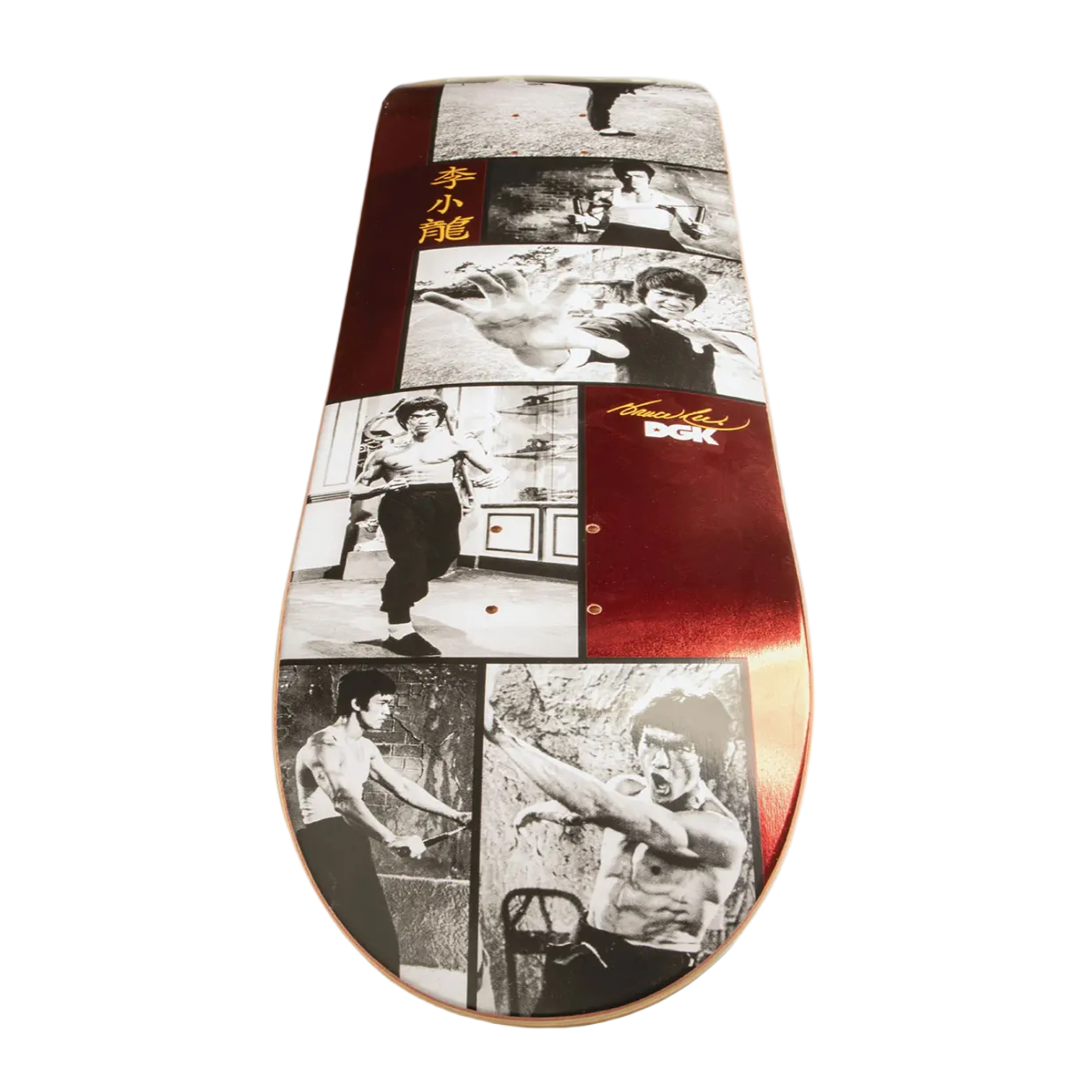 Skateboard deck with vintage-style images on a white background