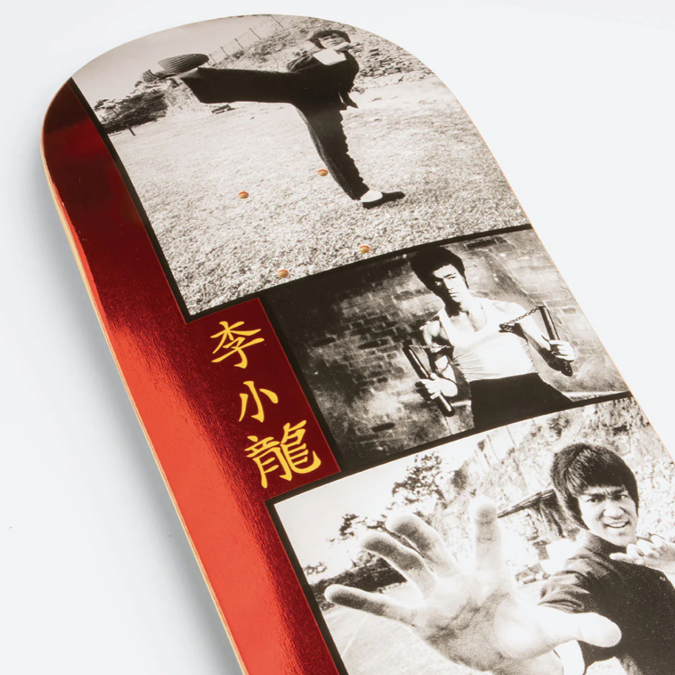 Skateboard deck with black and white images and red border featuring a martial artist.