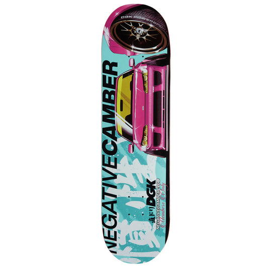 Skateboard deck with car graphic and text on a white background