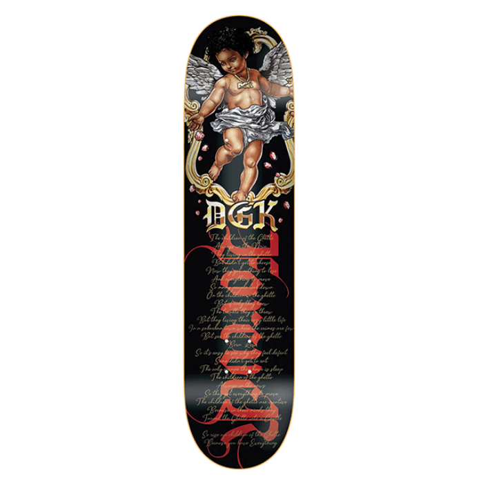 Skateboard deck with artistic design and branding on a white background