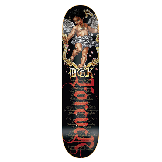 Skateboard deck with artistic design and branding on a white background