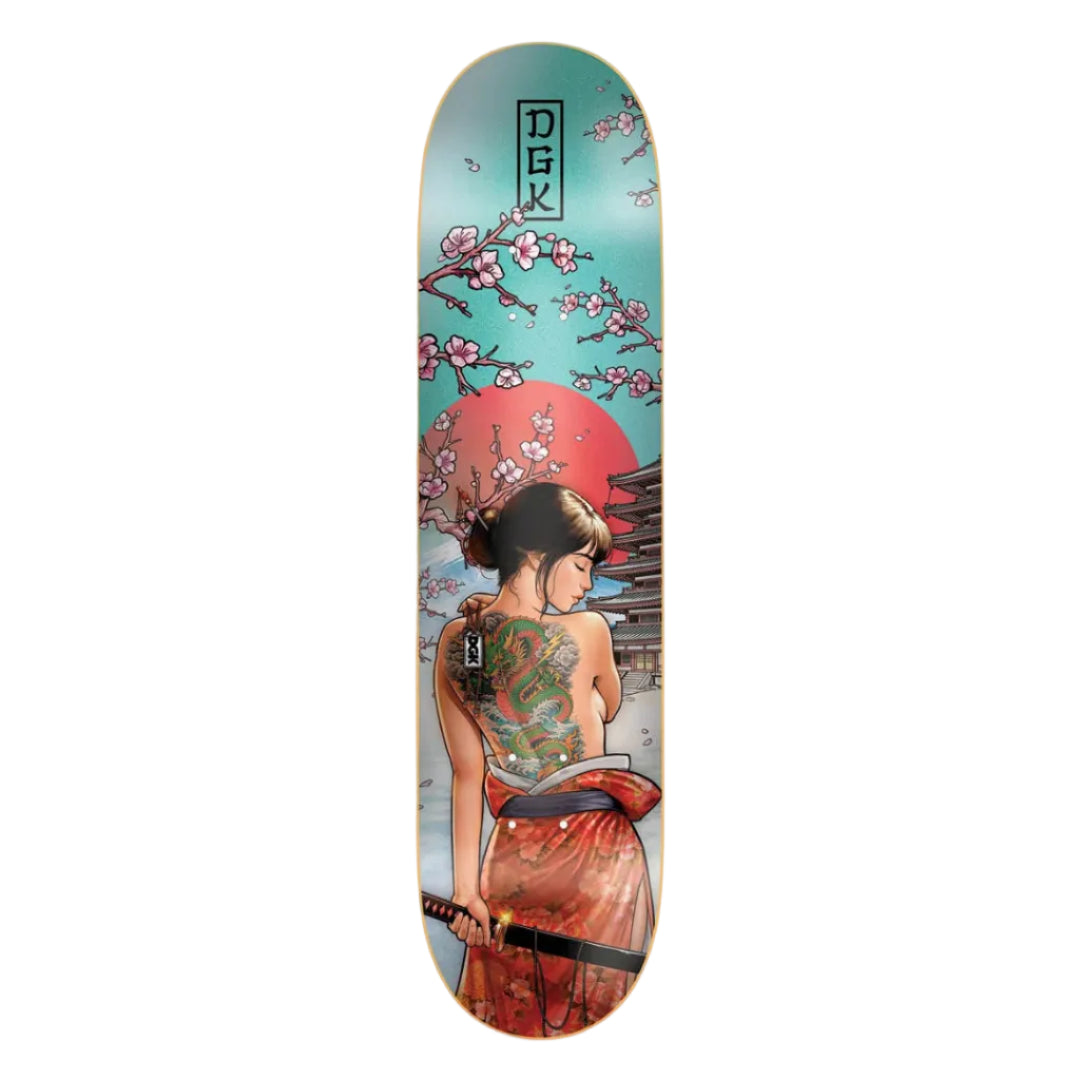 Skateboard deck with a design of a woman in traditional attire and cherry blossoms on a light blue background.