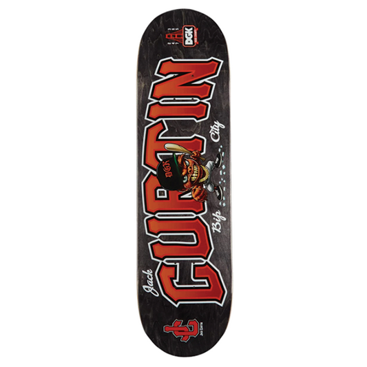 Skateboard deck with red and white text on a black background