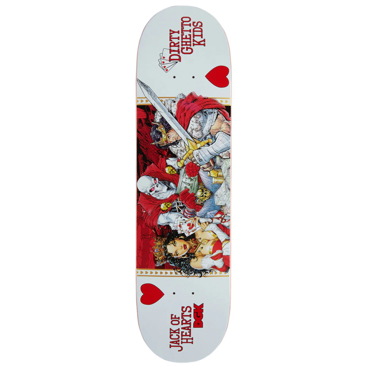 Skateboard deck with graphic design featuring characters and text on a white background
