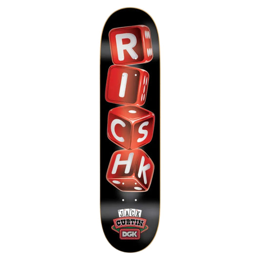 Skateboard deck with red dice design and visible branding on a white background