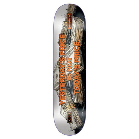 Skateboard deck with money design and text on a white background