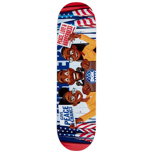 Skateboard deck with graphic design featuring two figures and text on a white background