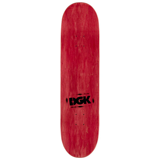 Red skateboard deck with DGK logo on a white background