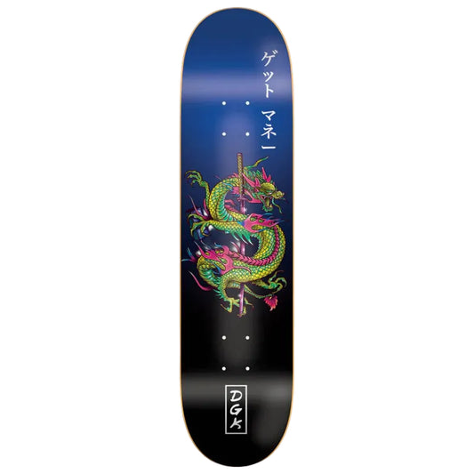 Skateboard deck with colorful dragon design and text on a white background