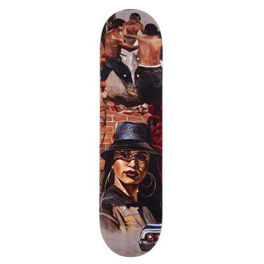 Skateboard deck with a graphic design of a person wearing a hat on a white background