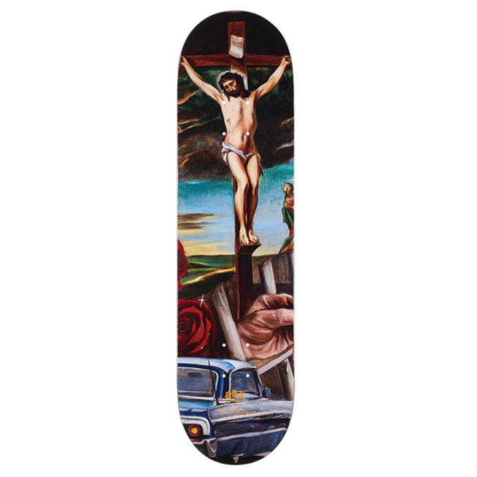 Skateboard deck with religious artwork of a crucifixion on a white background
