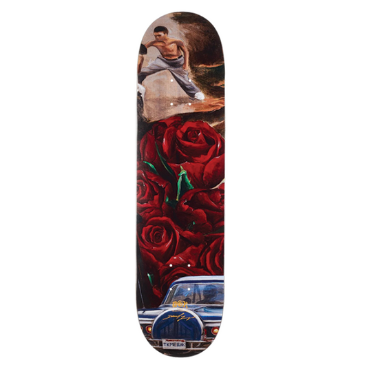 Skateboard deck with red roses and a car design on a white background