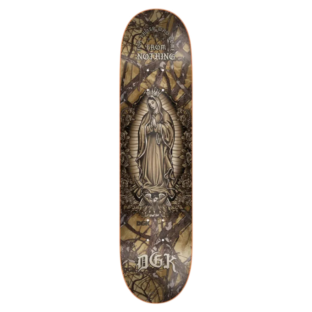 Skateboard deck with religious design and DGK branding on a white background