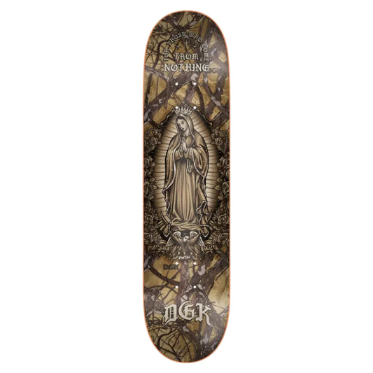 Skateboard deck with religious design and DGK branding on a white background