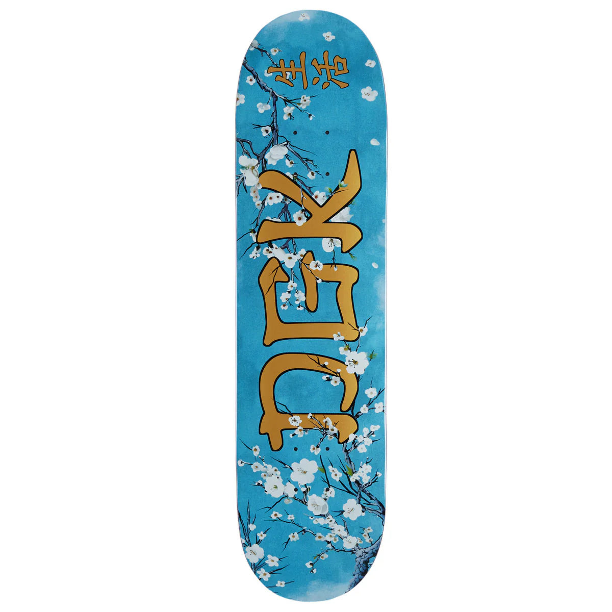 Skateboard deck with floral design and 'DEK' branding on a blue background