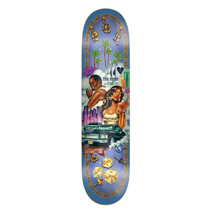 Skateboard deck with artistic design of two people by a car on a white background
