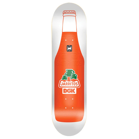 A skateboard deck featuring a bright orange and white design inspired by a Jarritos bottle, with the Jarritos logo and DGK branding printed on the center.