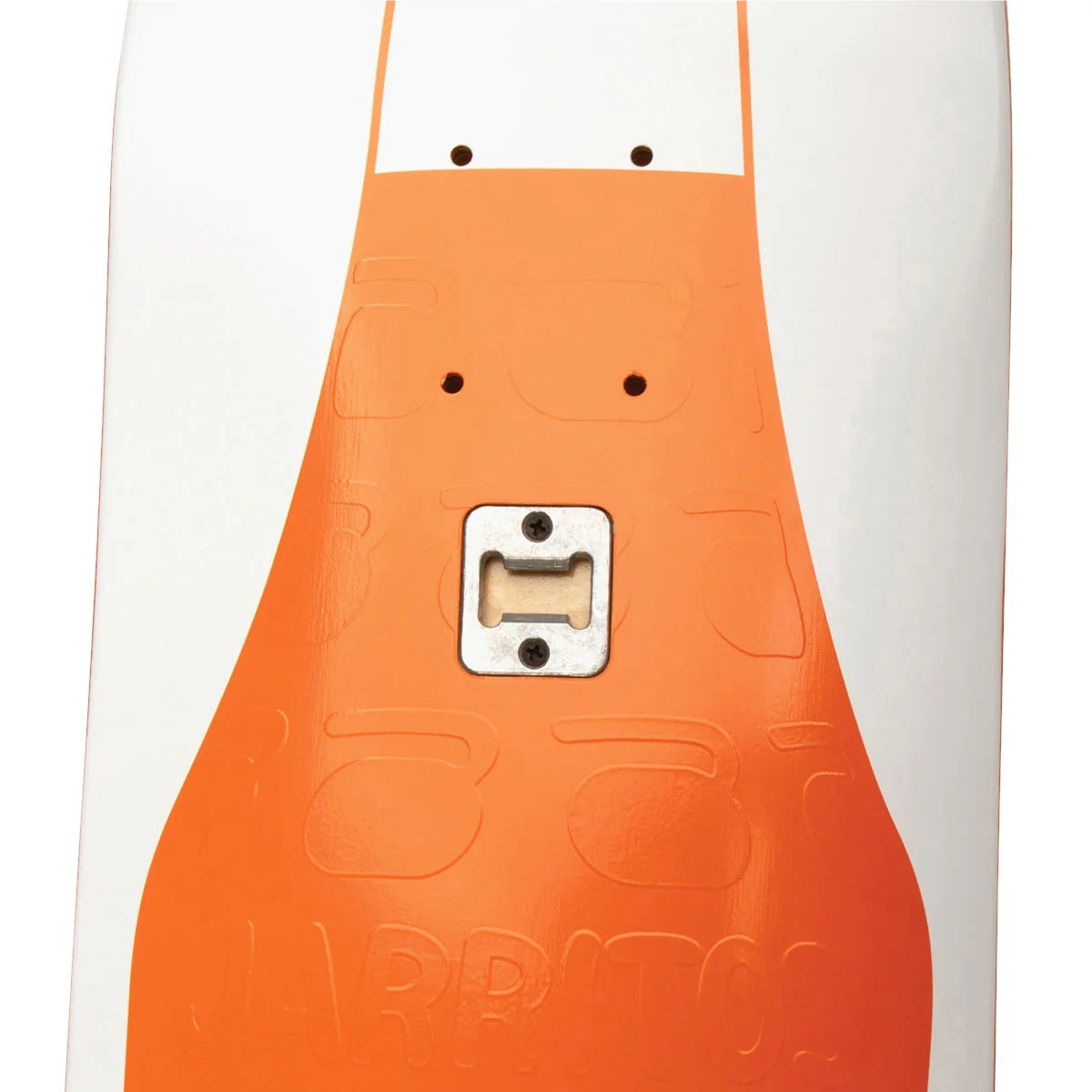 Close-up of a white surfboard with a large orange grip pad featuring a central metal bottle opener and embossed surfboard graphics.