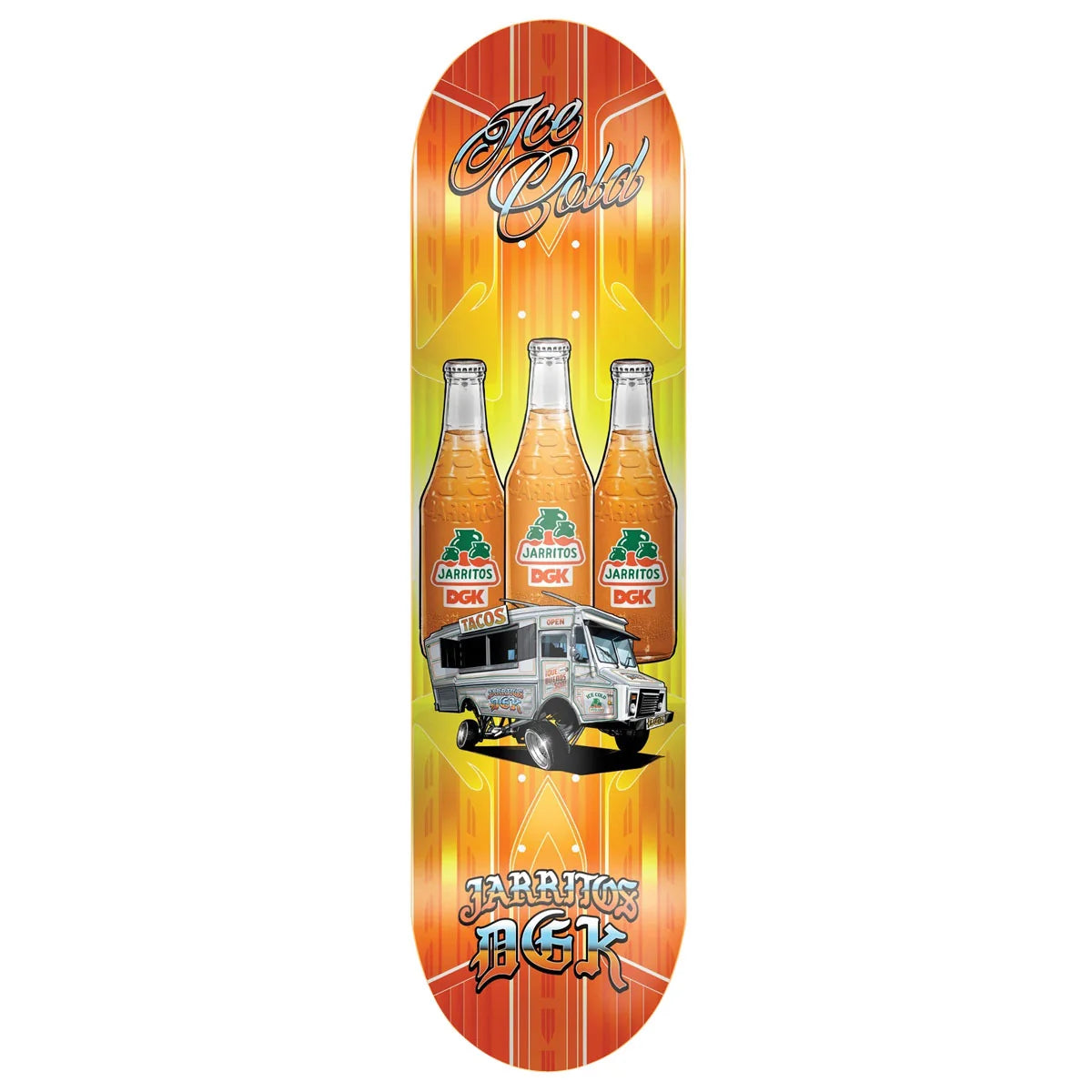 A skateboard deck featuring a vibrant orange and yellow flame design with three bottles of Jarritos, a silver van, and stylized 'Ice cold' and 'Jarritos dgk' text.