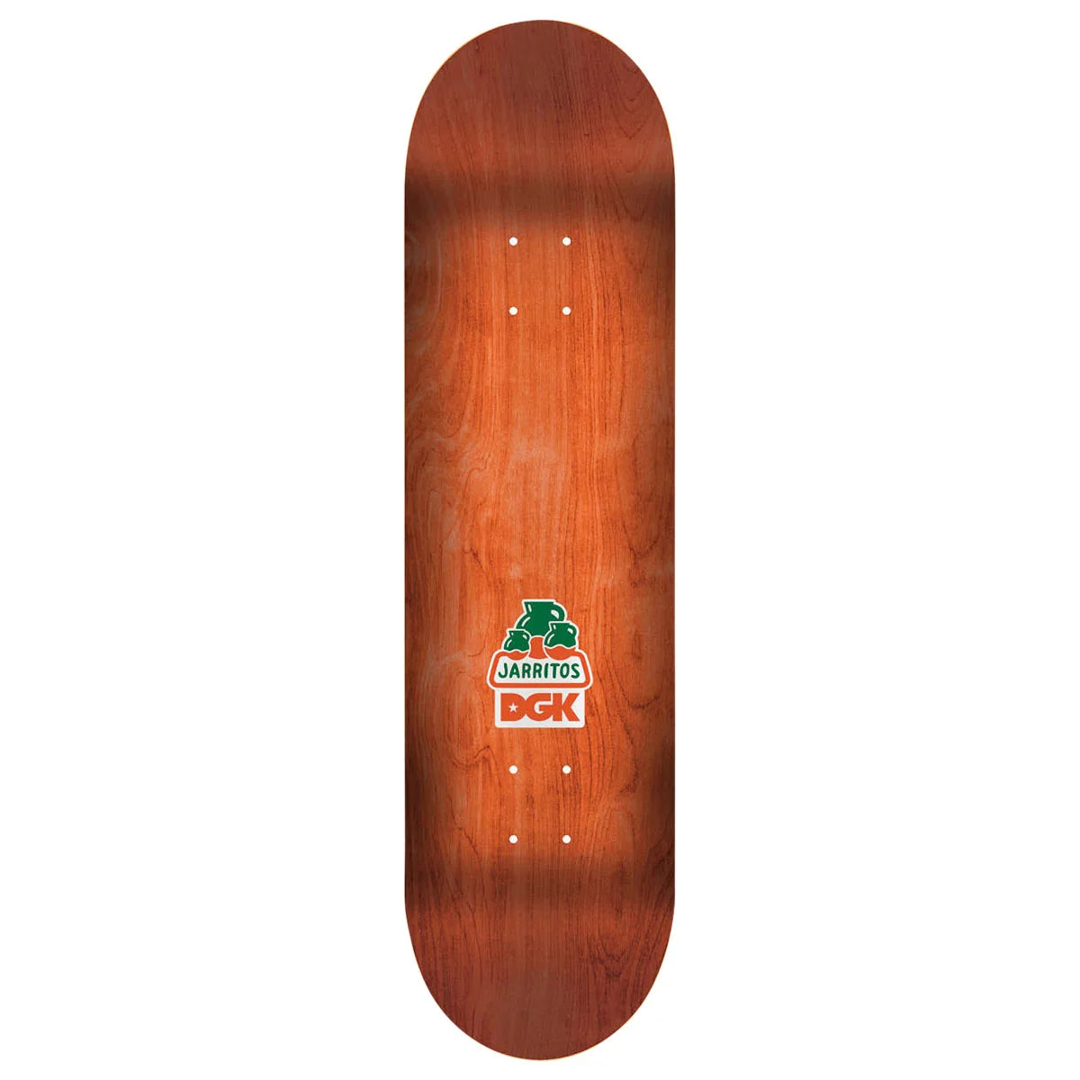 A wooden skateboard deck shown from the underside, featuring a warm reddish-brown wood grain finish and a central DCK brand with a green logo.
