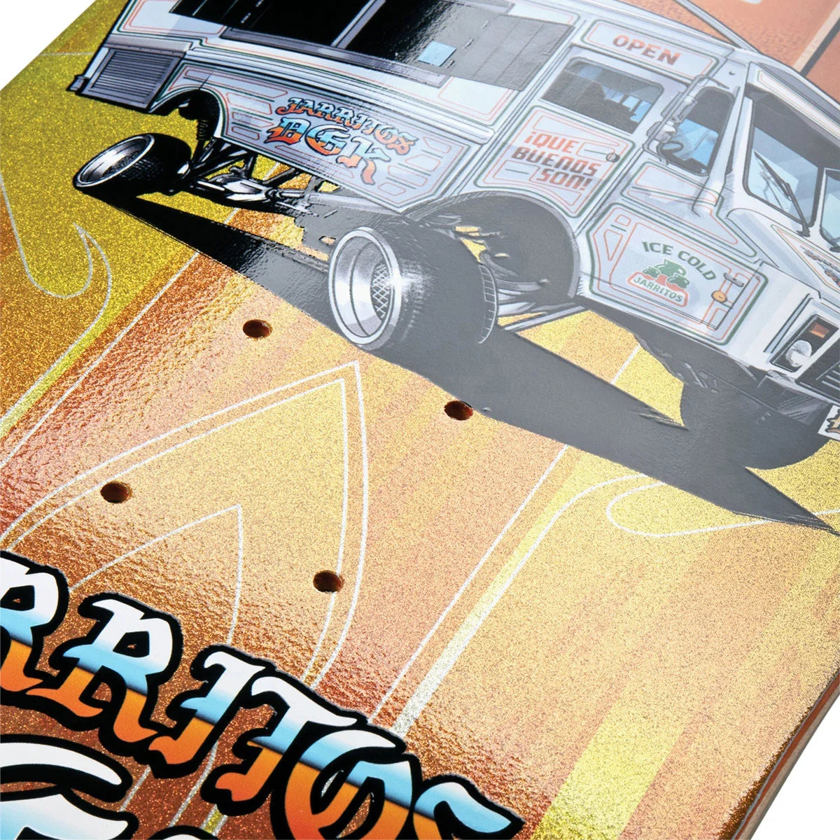 Close-up of a skateboard deck featuring a graphic illustration of a white drag racing truck on a metallic gold and orange background with stylized text at the bottom.
