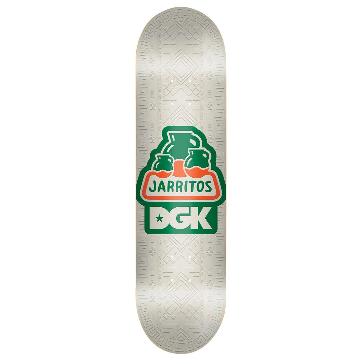 A skateboard deck shown vertically against a plain white background. The deck has a light silver-gray textured grip tape pattern and a prominent green, white, and orange Jarritos DGK logo in the center.