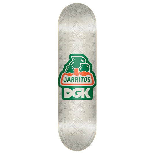 A skateboard deck shown vertically against a plain white background. The deck has a light silver-gray textured grip tape pattern and a prominent green, white, and orange Jarritos DGK logo in the center.
