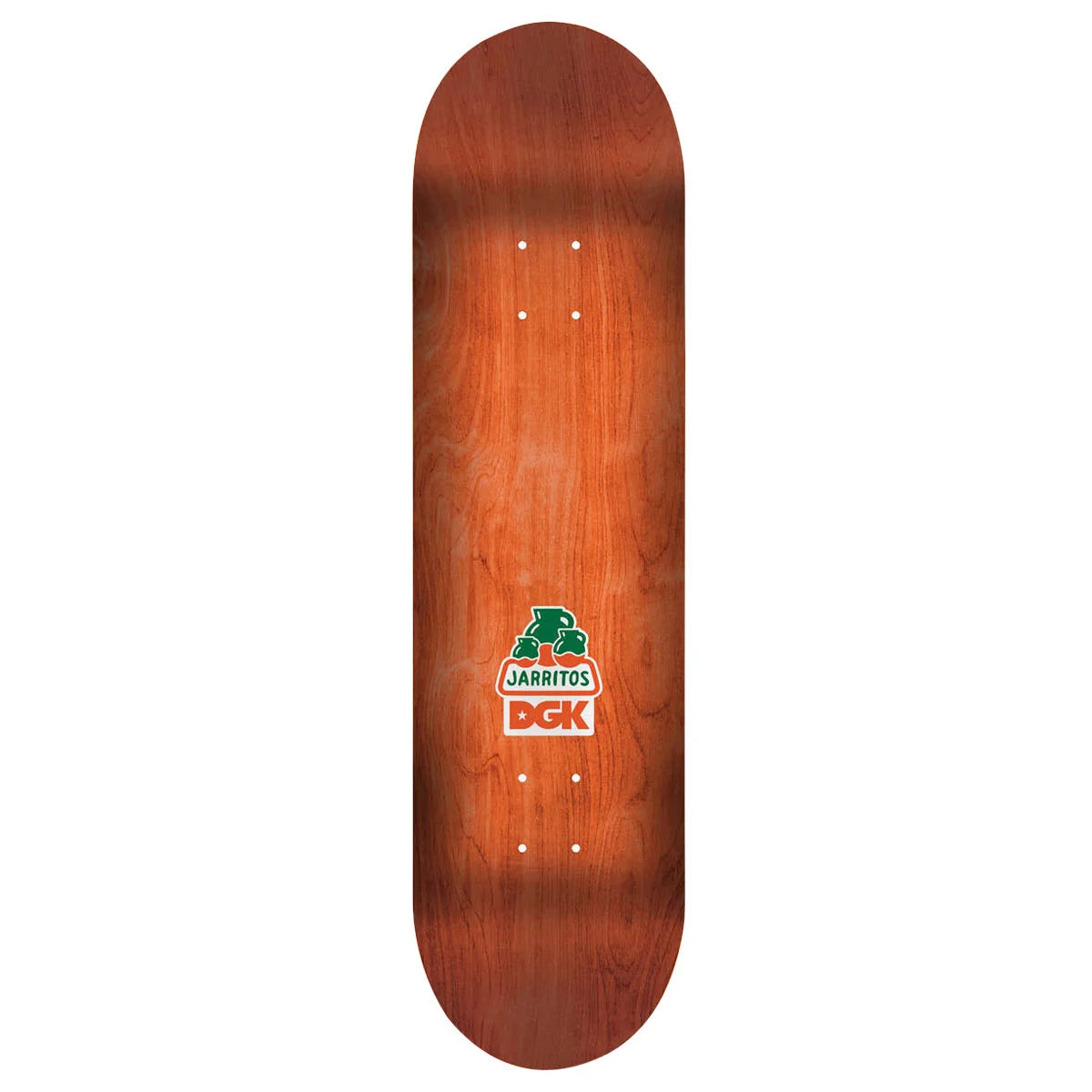 A wooden skateboard deck with a warm reddish-brown wood grain finish, featuring a central DGK logo with a green frog and the words 'JARRITOS'.