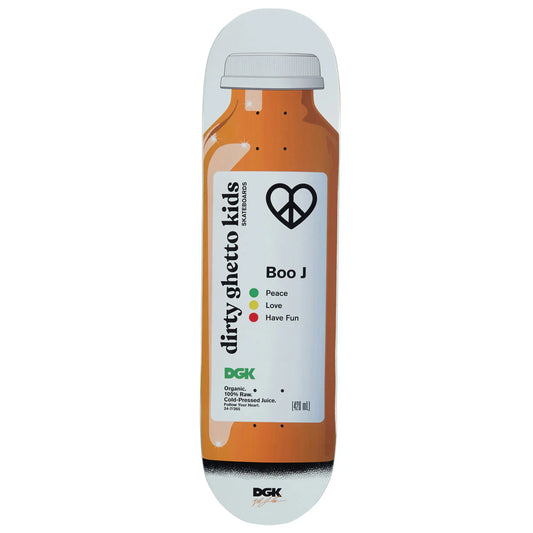 Skateboard deck with a bottle design and 'dirty ghetto kids' branding on a white background