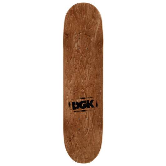 Wooden skateboard deck with DGK logo on a white background