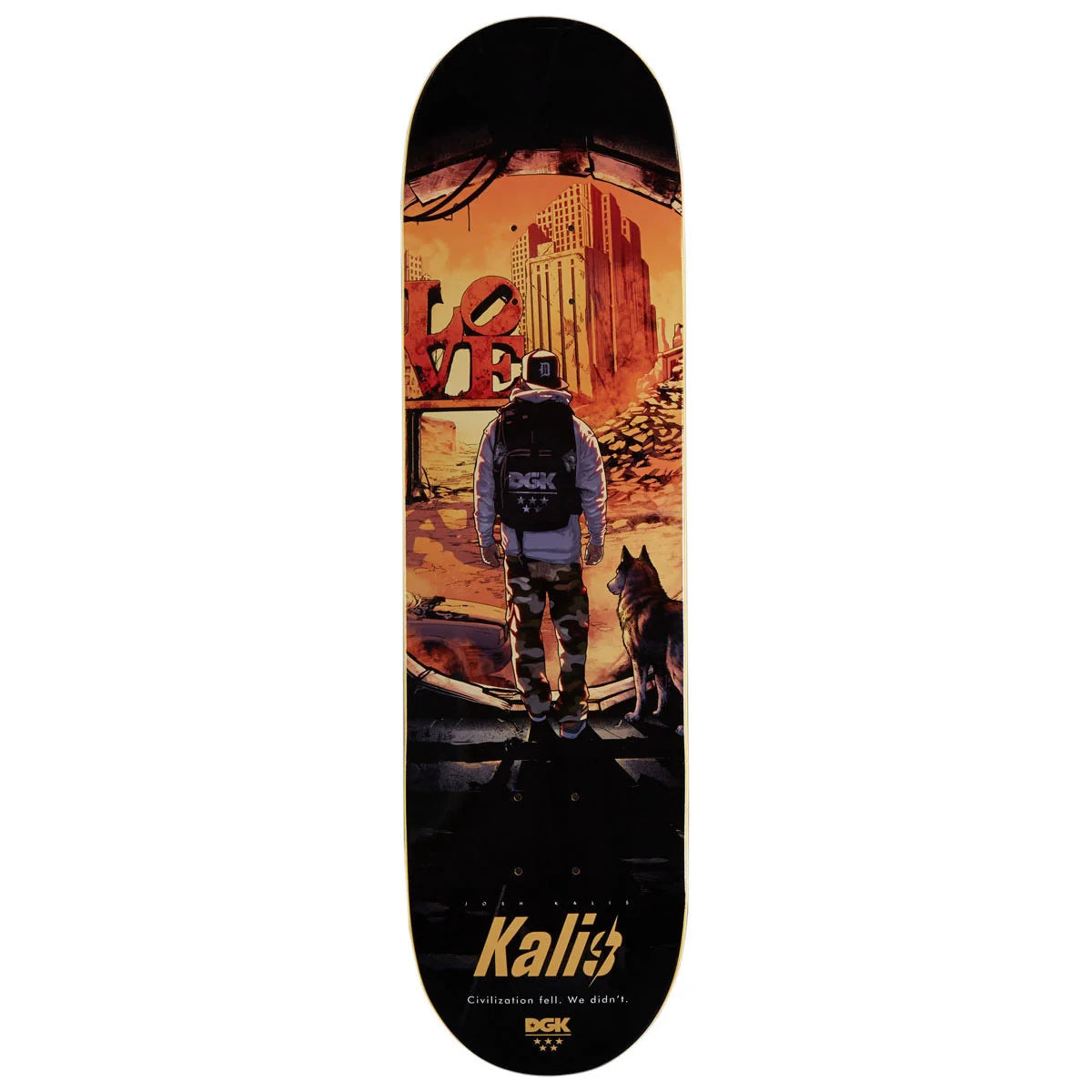 A skateboard deck featuring a graphic illustration of a figure in a space suit looking at a cityscape with a dog, set against a black background with the text 'Kalis' and 'DGK' at the bottom.