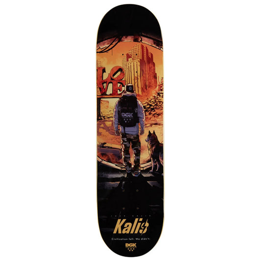 A skateboard deck featuring a graphic illustration of a figure in a space suit looking at a cityscape with a dog, set against a black background with the text 'Kalis' and 'DGK' at the bottom.
