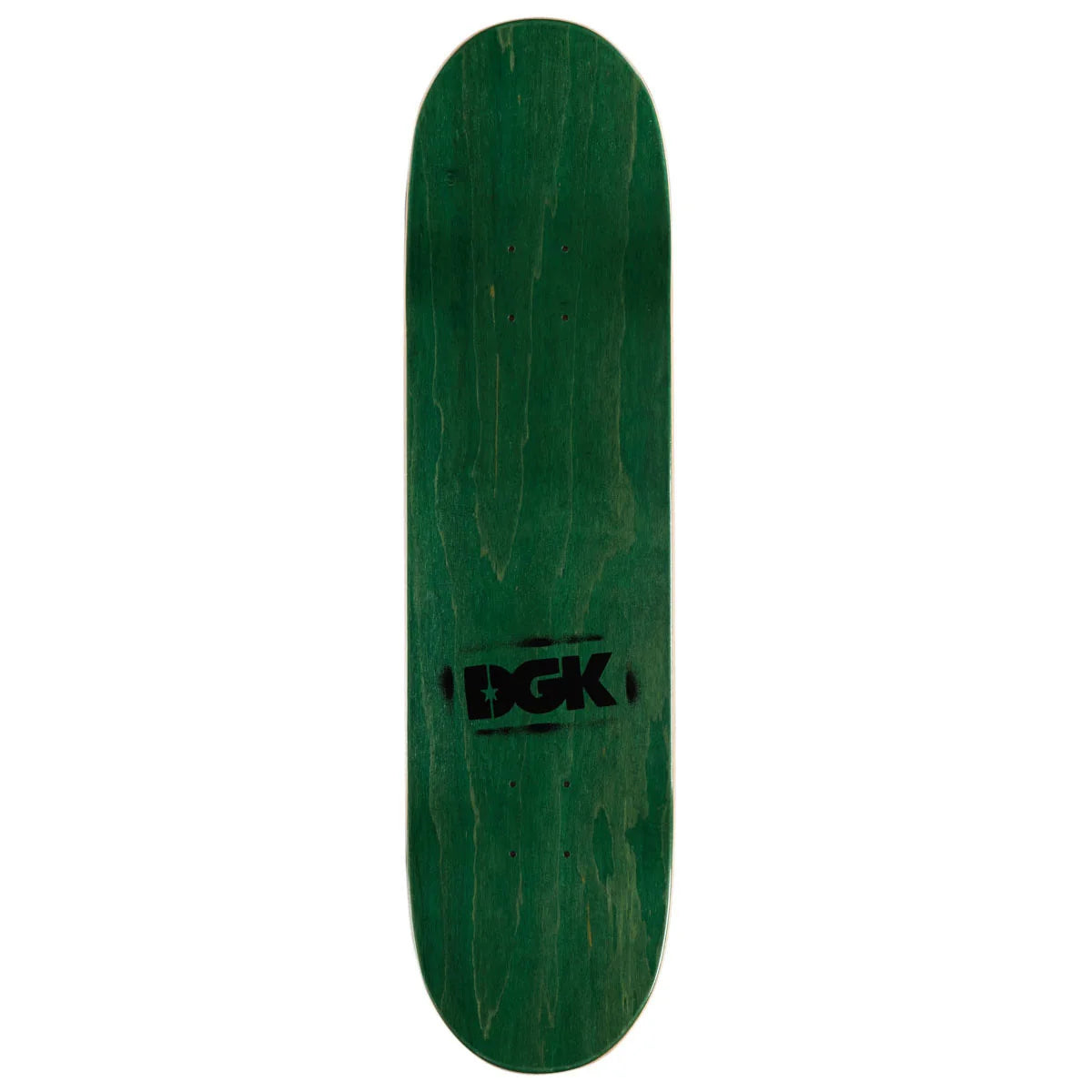 A green wooden skateboard deck with a black DGk logo printed in the center, shown vertically against a plain white background.
