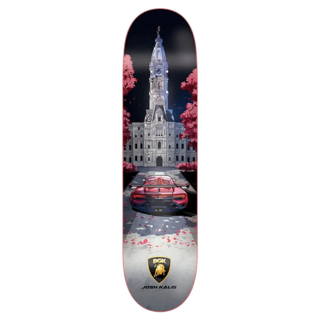 Skateboard deck with a cityscape design featuring a building and car, branded with 'DC' and 'Josh Kole'.