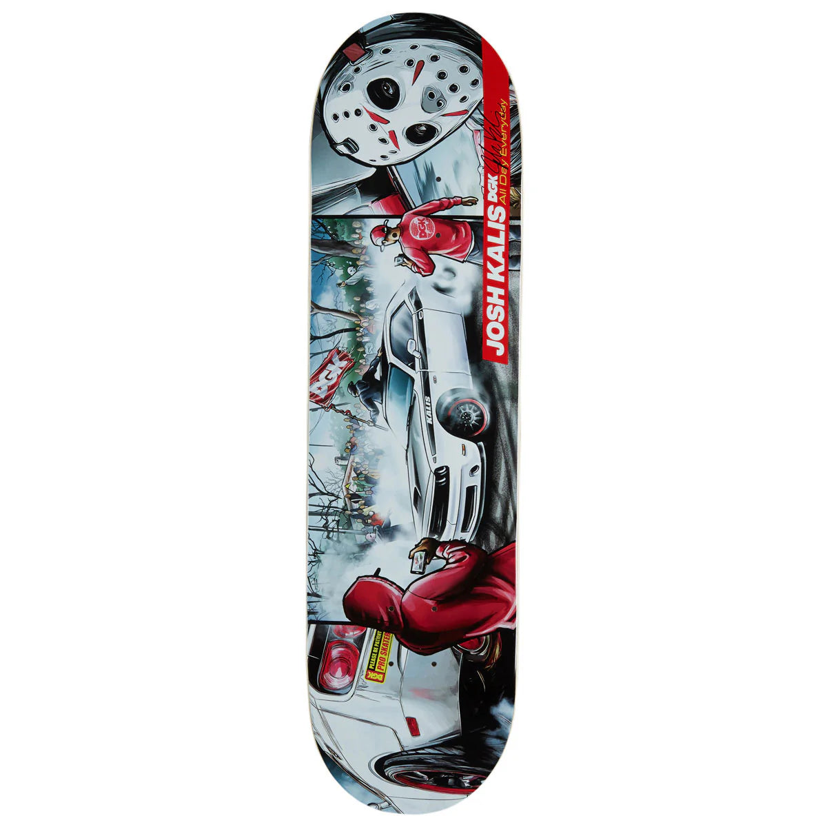 Skateboard deck with a graphic design featuring a character in red gloves and white outfit, with visible branding.