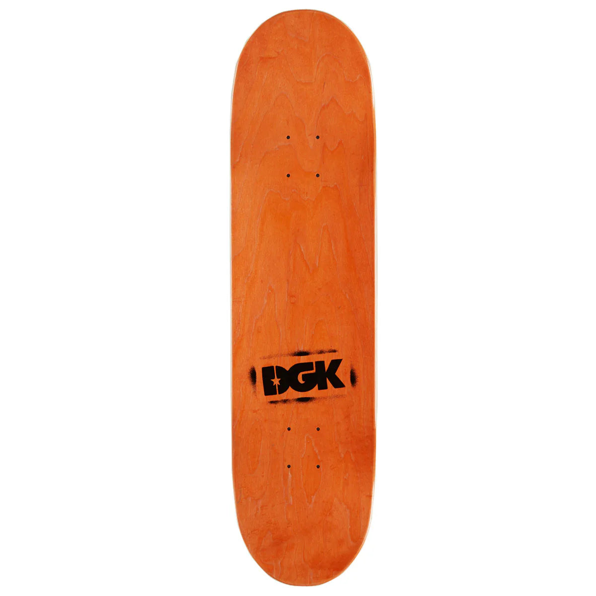 Orange skateboard deck with DGK logo on a white background