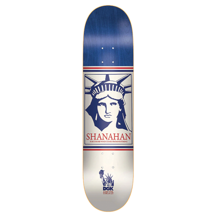 Skateboard deck with Statue of Liberty design and 'Shanahan' branding on a white background