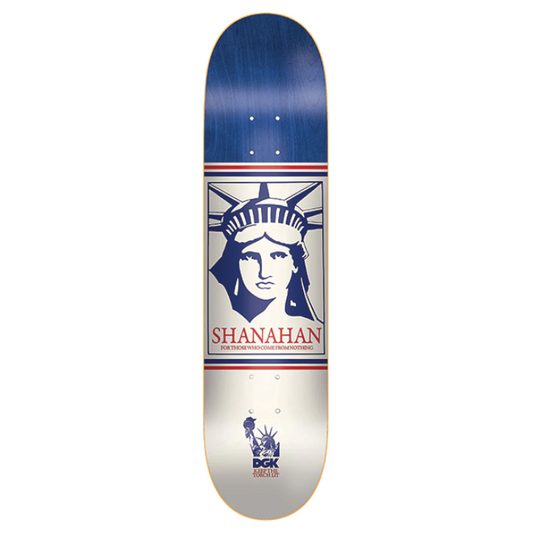 Skateboard deck with Statue of Liberty design and 'Shanahan' branding on a white background