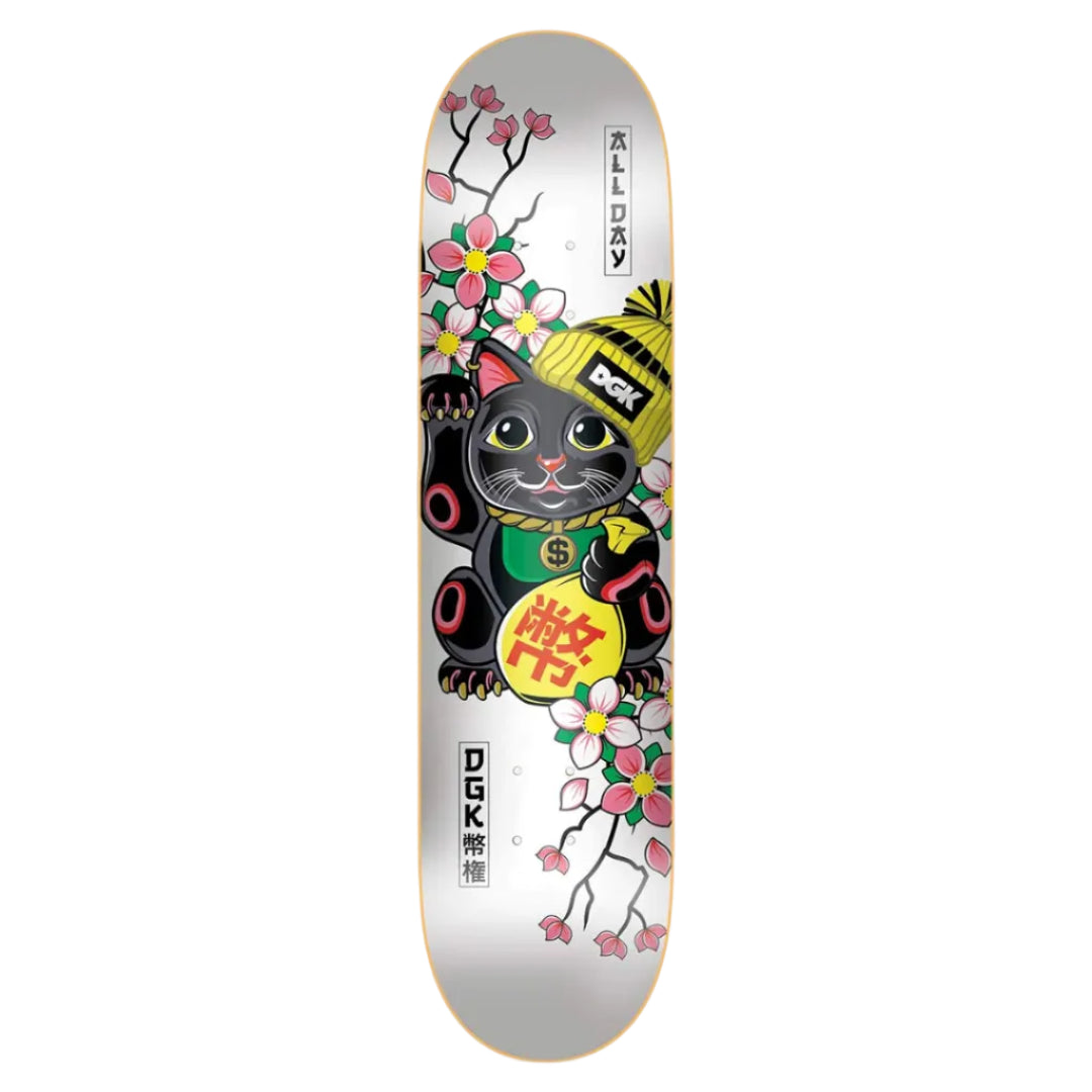 Skateboard deck with a cat design and DGK branding on a white background