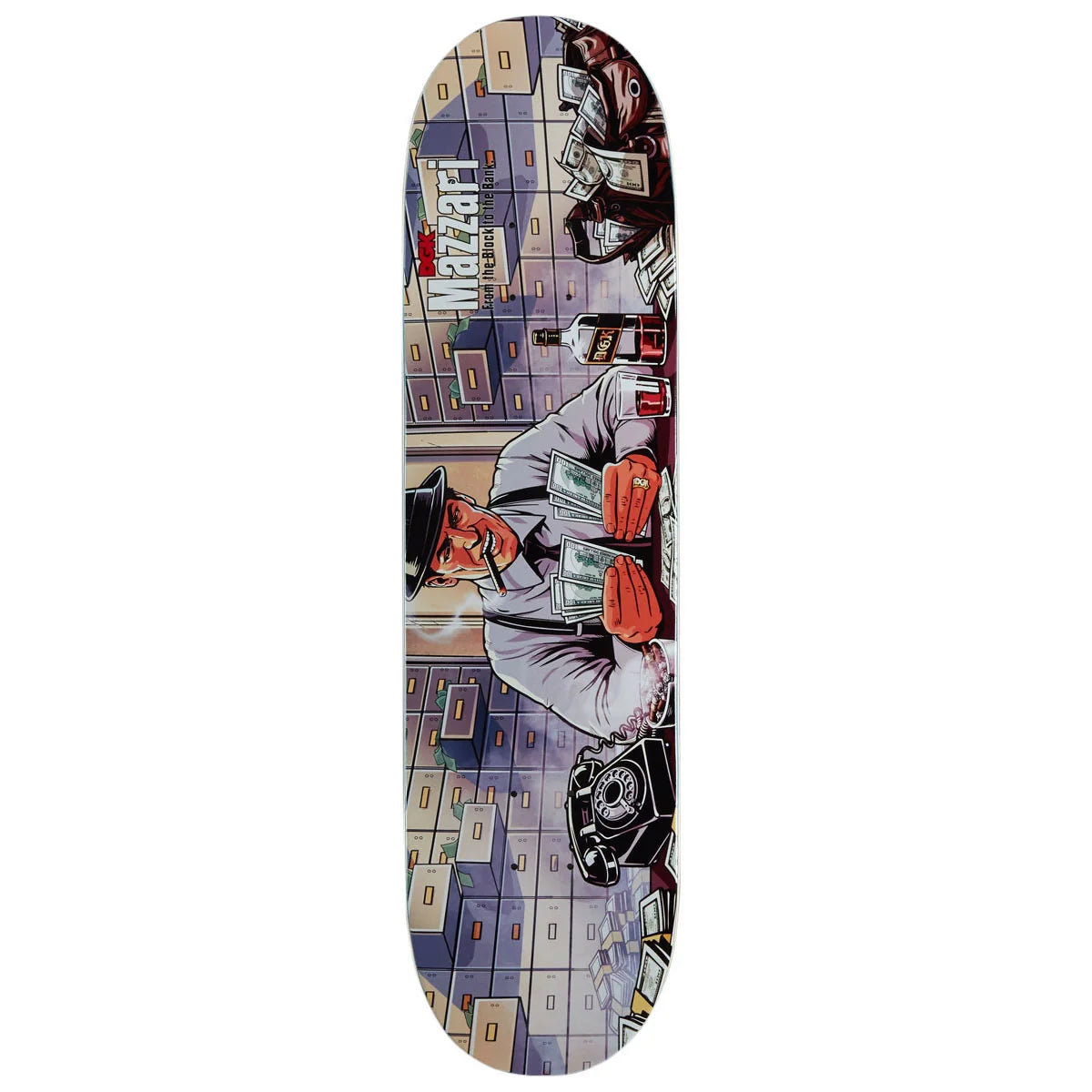 A skateboard deck featuring a detailed graphic illustration of a man counting cash in front of a filing cabinet, with the word 'MARZIP' printed vertically near the top.