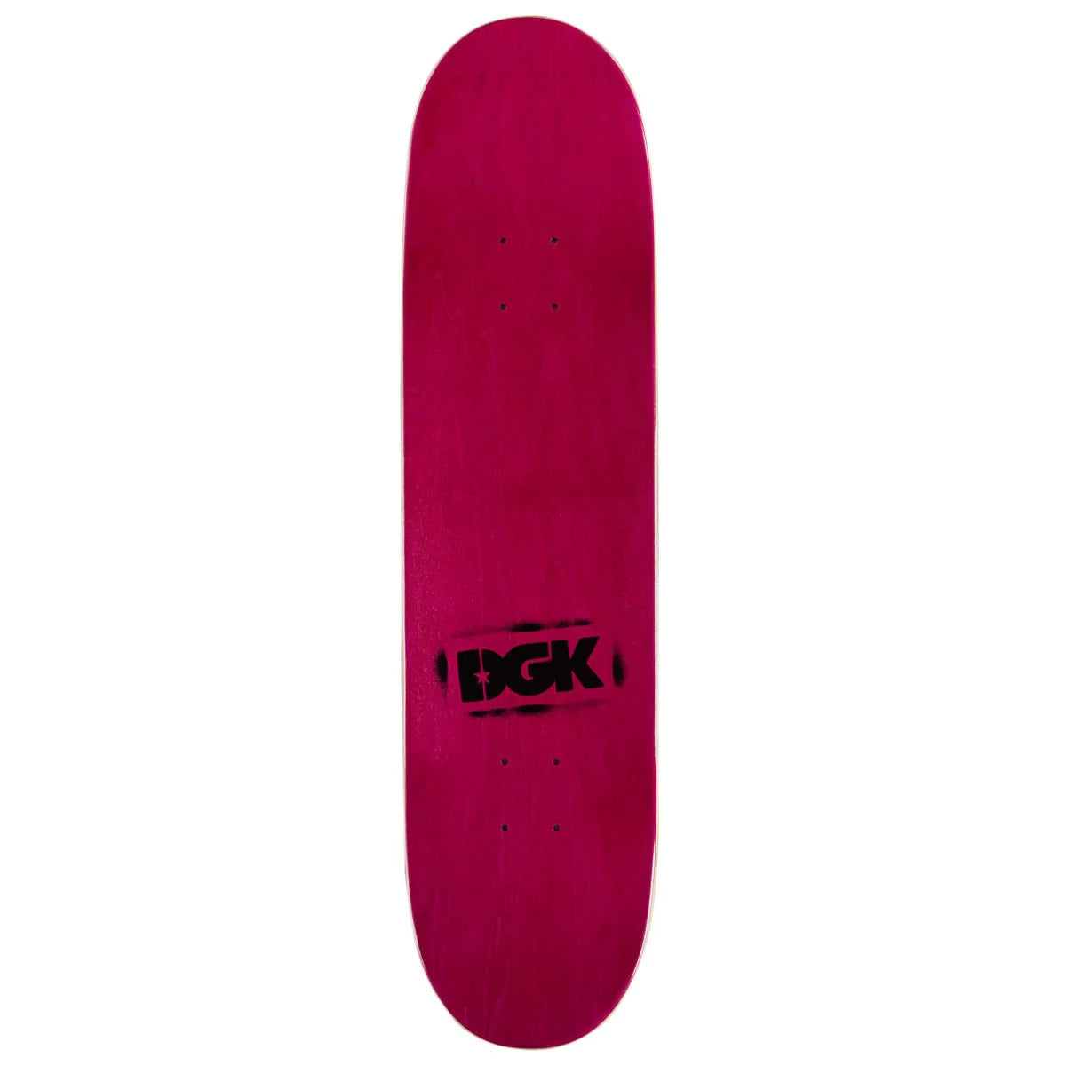 A magenta-pink skateboard deck with a black DGK logo printed in the center, shown vertically against a plain white background.